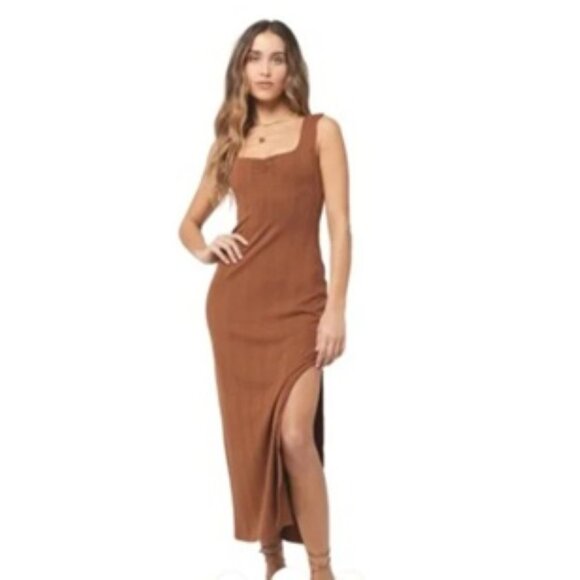 L Space Celine Copper Ribbed Midi Sweetheart Neckline Dress NWOT Size L - Picture 1 of 6
